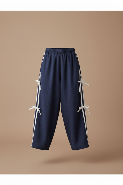 Pantalon Baggy Bleu Marine Ample Rubans Blancs Fille - Lin - vue 3