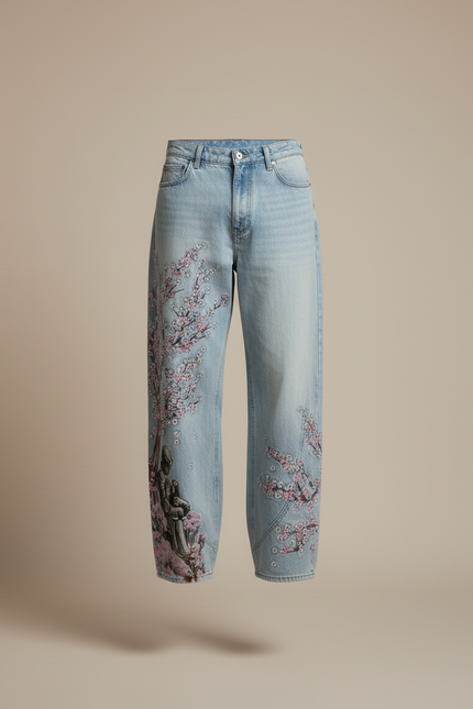 Pantalon Baggy Jean Bleu Délavé Brodé Cerisier Ample Homme - vue 3