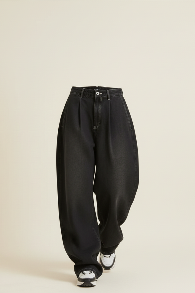 Pantalon Baggy Noir Denim Large Surpiqûres Décontracté - Jean - vue 3