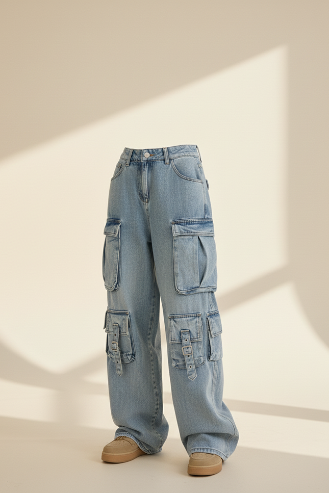 Pantalon Baggy Jean Bleu Clair Multi-Poches Cargo Femme - vue 3