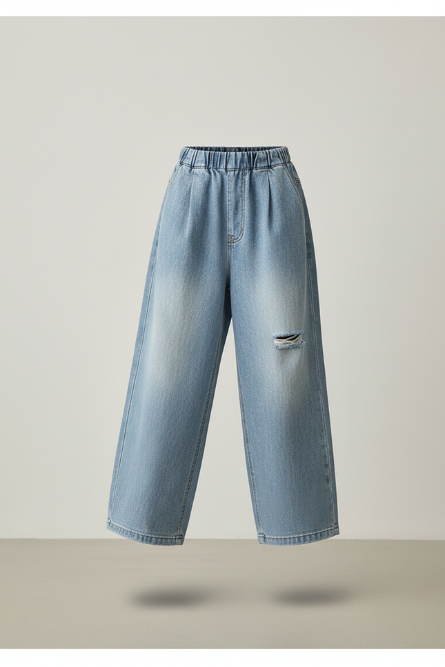 Pantalon Baggy Denim Bleu Ample Élastiqué Déchiré Fille - Jean - vue 3