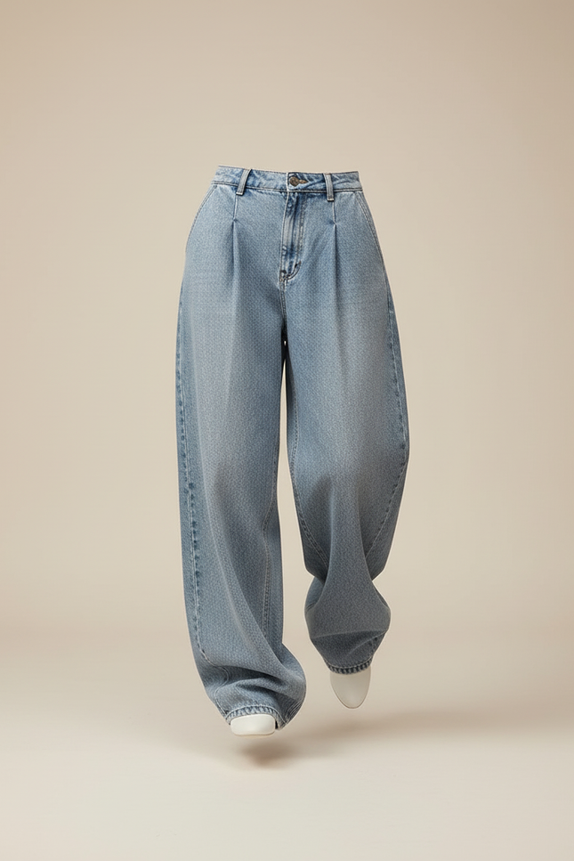 Pantalon Baggy Jean Bleu Ample Plissé Décontracté - vue 3