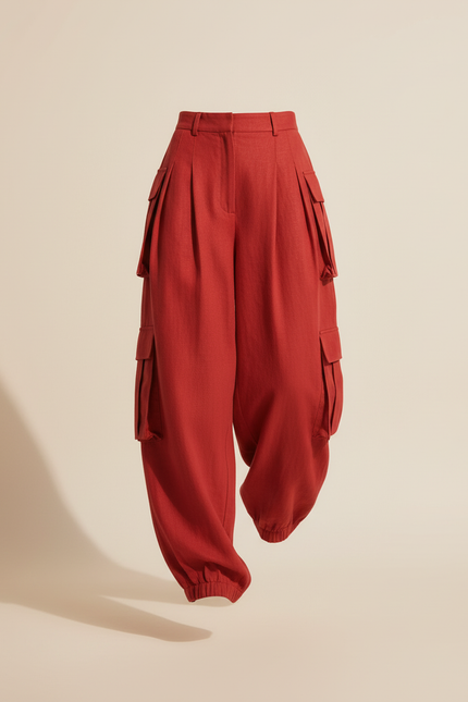 Pantalon Baggy Rouge Cargo Ample Lin Décontracté - vue 3