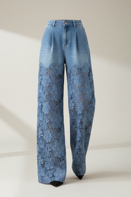 Pantalon Baggy Bleu Jean Dentelle Évasé Femme - vue 3