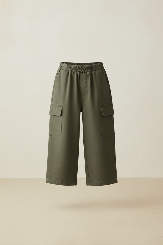 Pantalon Baggy Vert Kaki Cargo Ample Coton Enfant - vue 3