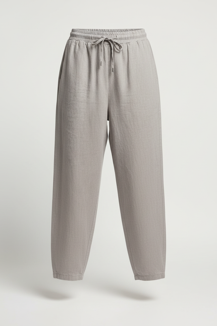 Pantalon Baggy Gris Lin Cordon Ample Décontracté Femme - vue 3