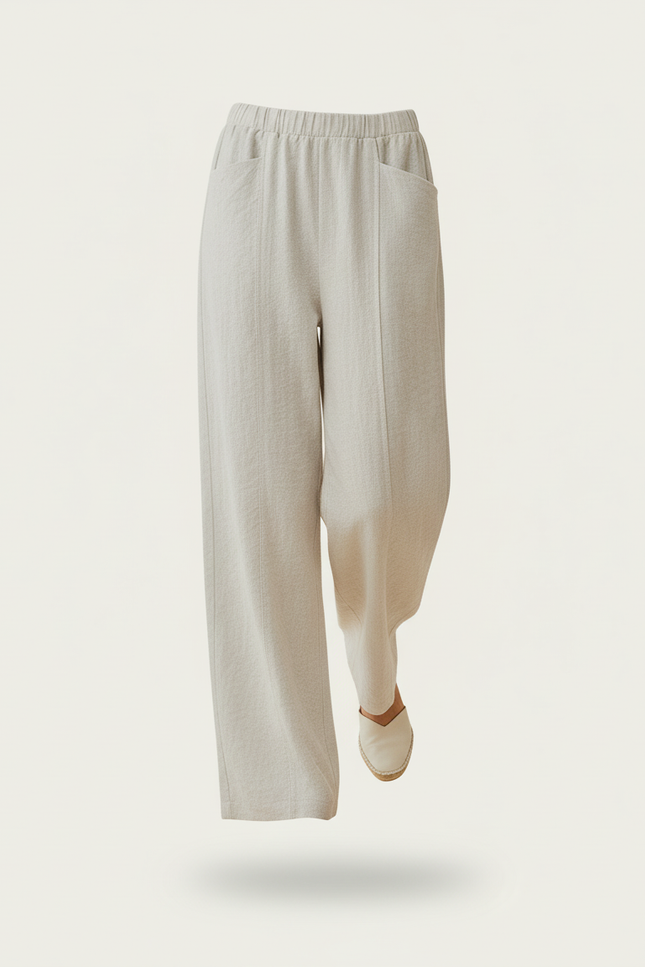 Pantalon Baggy Crème Texturé Ample Décontracté Femme - Beige Lin - vue 3