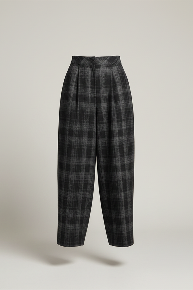Pantalon Baggy Carreaux Gris Laine Ample Décontracté - vue 3