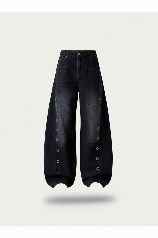 Pantalon Baggy Noir Délavé Œillets Métalliques Large - Jean - vue 3