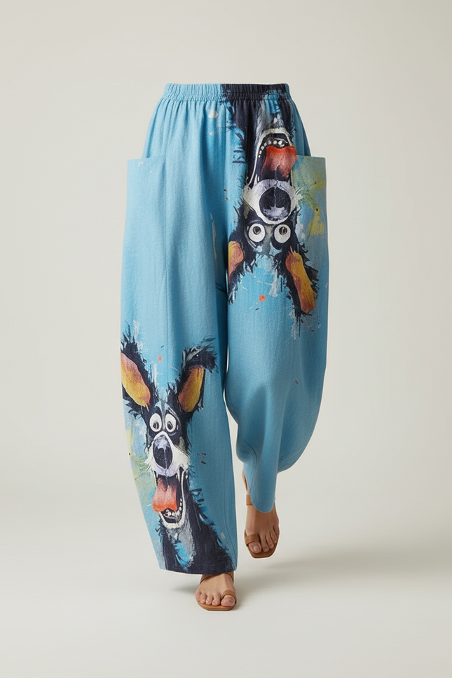 Pantalon Baggy Bleu Imprimé Chien Ample Confortable Femme - Toile - vue 3