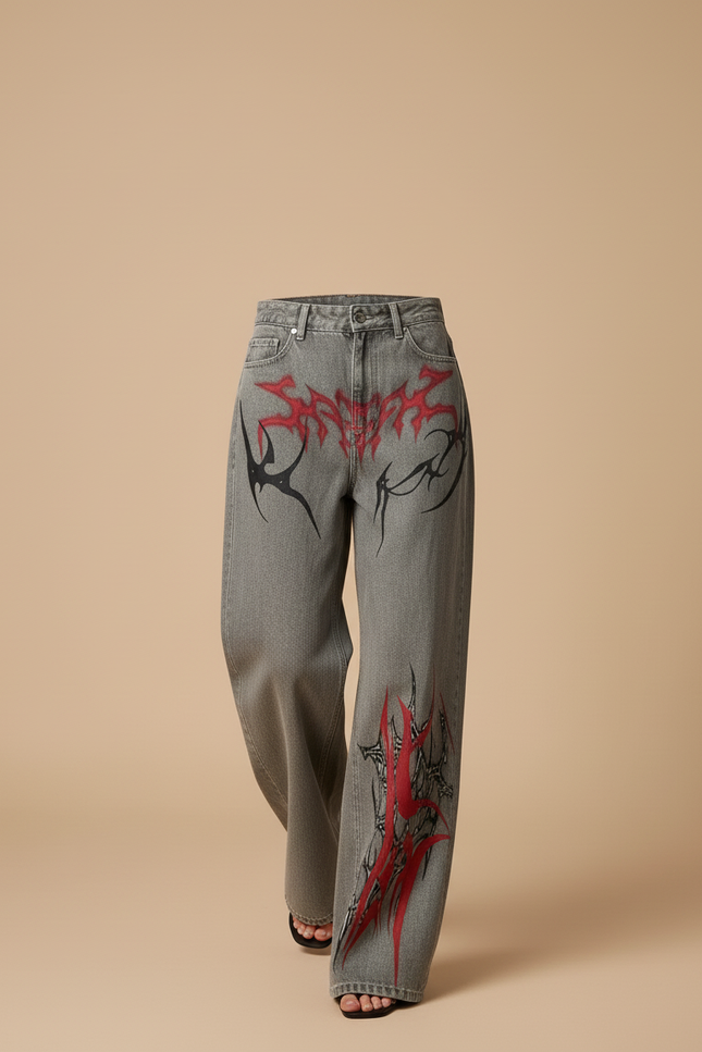 Pantalon Baggy Jean Gris Imprimé Tribal Rouge - vue 3