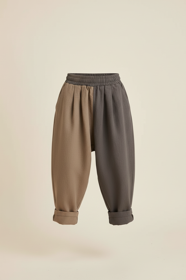 Pantalon Baggy Bicolore Ample Plissé Décontracté Enfant - Multicolore Lin - vue 3