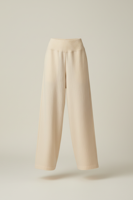 Pantalon Baggy Crème Tricoté Large Confortable Femme - Beige Maille - vue 3