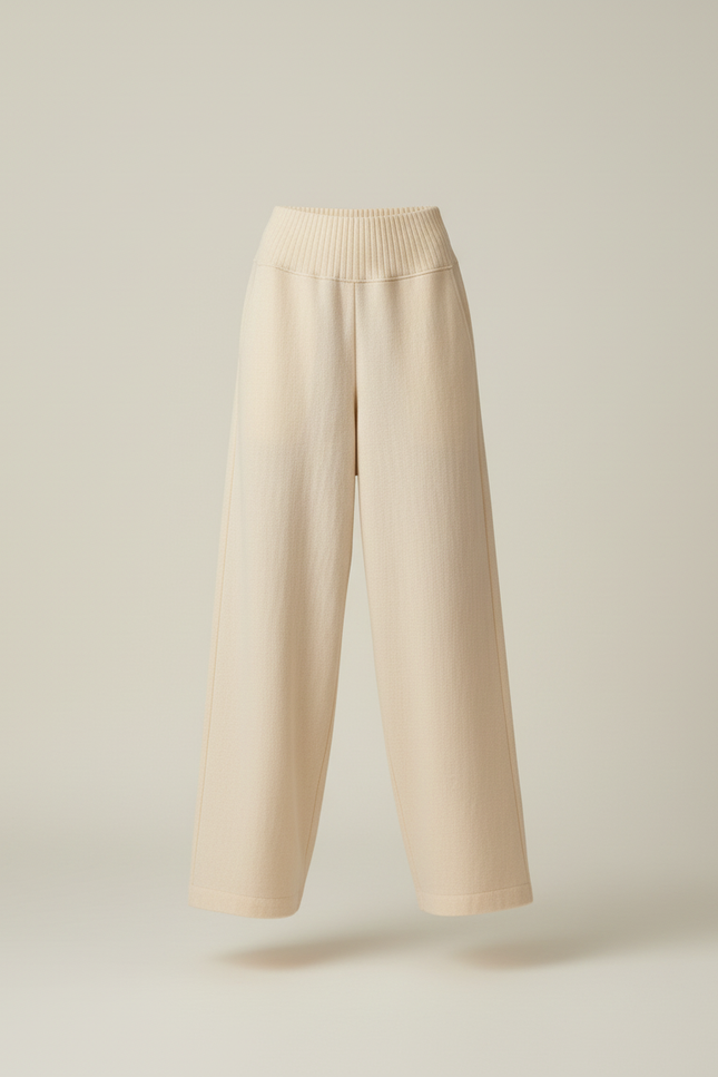 Pantalon Baggy Crème Tricoté Large Confortable Femme - Beige Maille - vue 3