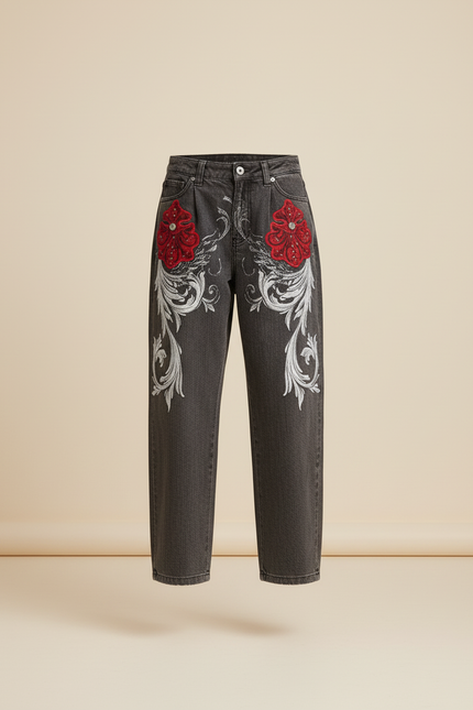 Pantalon Baggy Gris Délavé Imprimé Floral Rouge Ample - Jean - vue 3