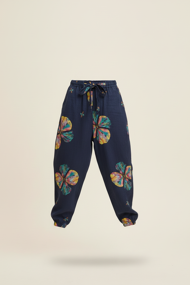 Pantalon Baggy Bleu Marine Ample Fleuri Imprimé Fille - Lin - vue 3