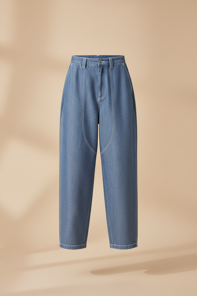 Pantalon Baggy Jean Bleu Surpiqué Ample Décontracté Femme - vue 3