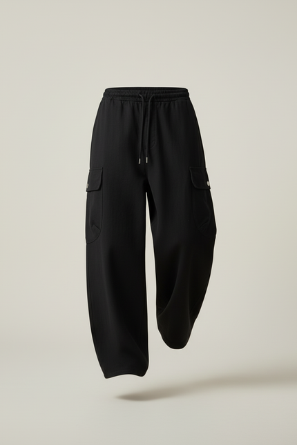 Pantalon Baggy Noir Ample Cargo Cordon Décontracté - Toile - vue 3