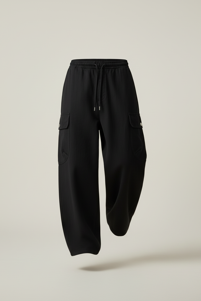 Pantalon Baggy Noir Ample Cargo Cordon Décontracté - Toile - vue 3
