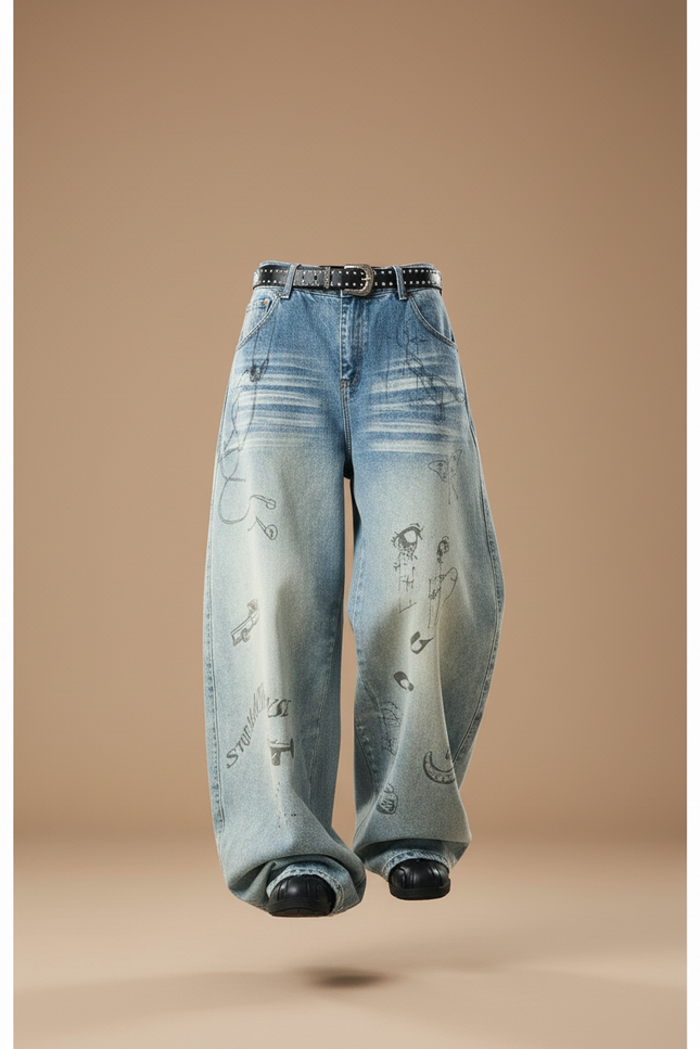 Pantalon Baggy Denim Large Décontracté Brodé Esthétique - Bleu Jean - vue 3