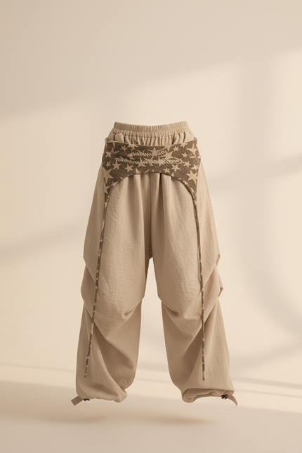 Pantalon Baggy Beige Lin Étoiles Fluide Femme - vue 3