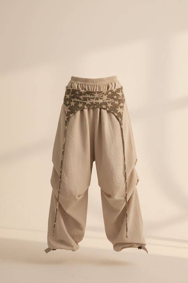 Pantalon Baggy Beige Lin Étoiles Fluide Femme - vue 3