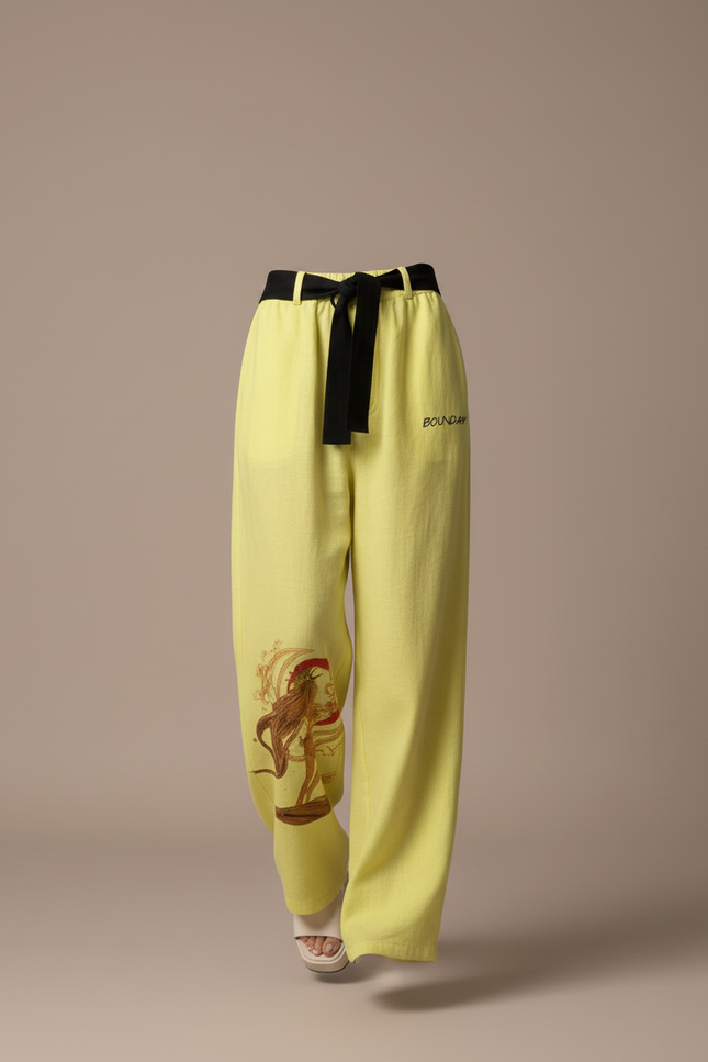 Pantalon Baggy Jaune Lin Ample Imprimé Streetwear Femme - vue 3