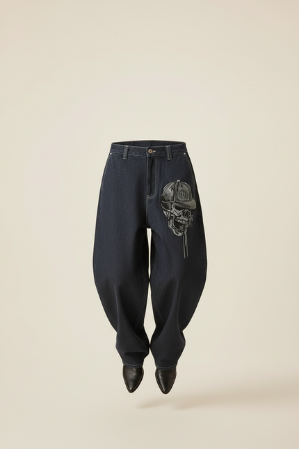 Pantalon Baggy Jean Denim Crâne Imprimé Ample Femme - Marine - vue 3