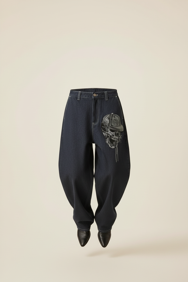 Pantalon Baggy Jean Denim Crâne Imprimé Ample Femme - Marine - vue 3