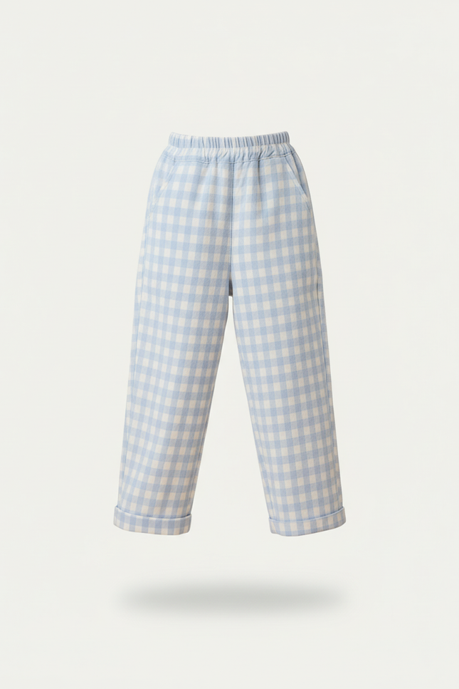 Pantalon Baggy Vichy Bleu Ciel Ample Décontracté Enfant - Coton - vue 3