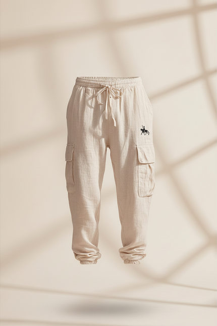 Pantalon Baggy Beige Lin Cargo Ample Cordon Homme - vue 3
