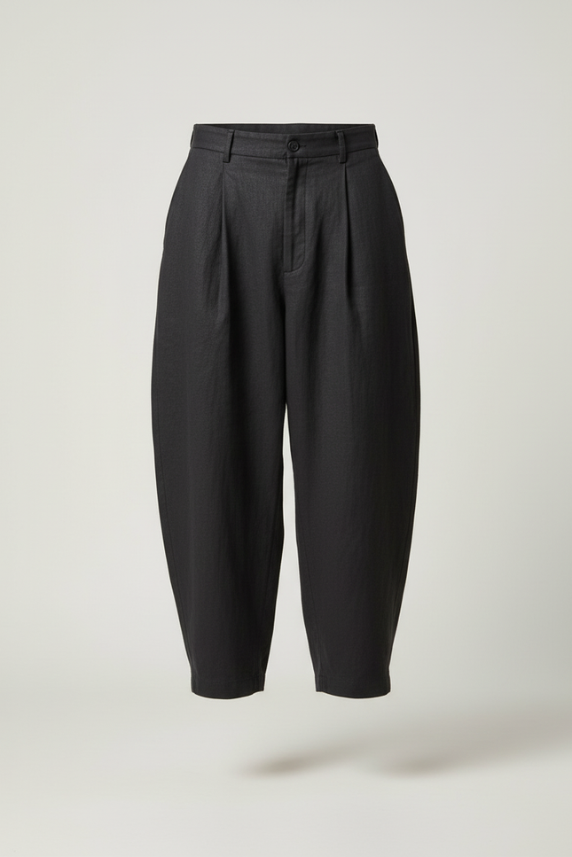Pantalon Baggy Noir Lin Plissé Ample Homme Décontracté - vue 3