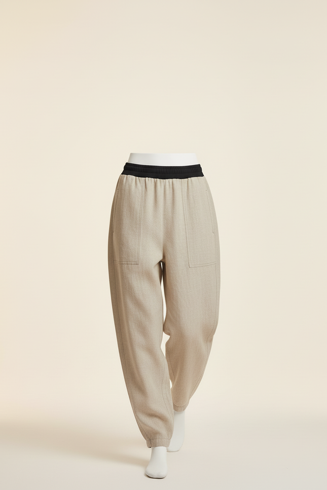 Pantalon Baggy Lin Beige Ample Décontracté Élastiqué - vue 3