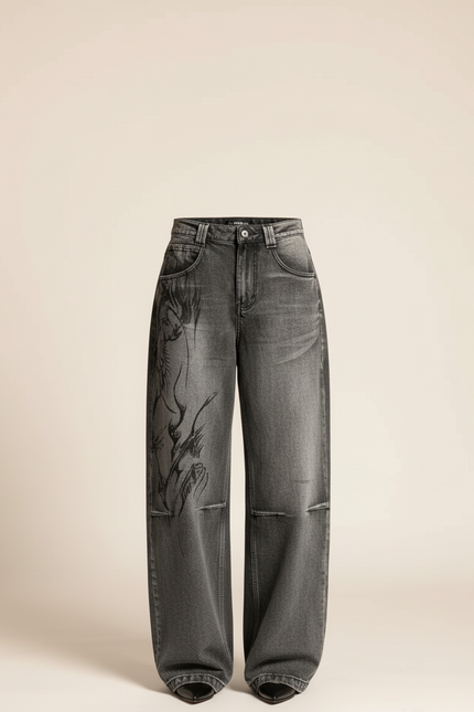 Pantalon Baggy Gris Imprimé Ample Streetwear Femme - Jean - vue 3