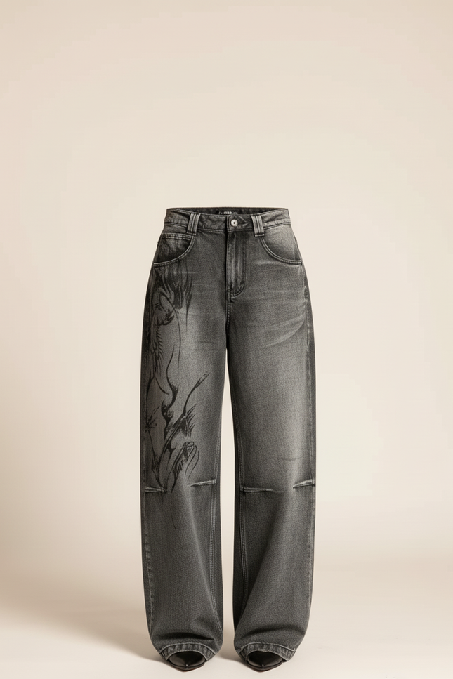 Pantalon Baggy Gris Imprimé Ample Streetwear Femme - Jean - vue 3