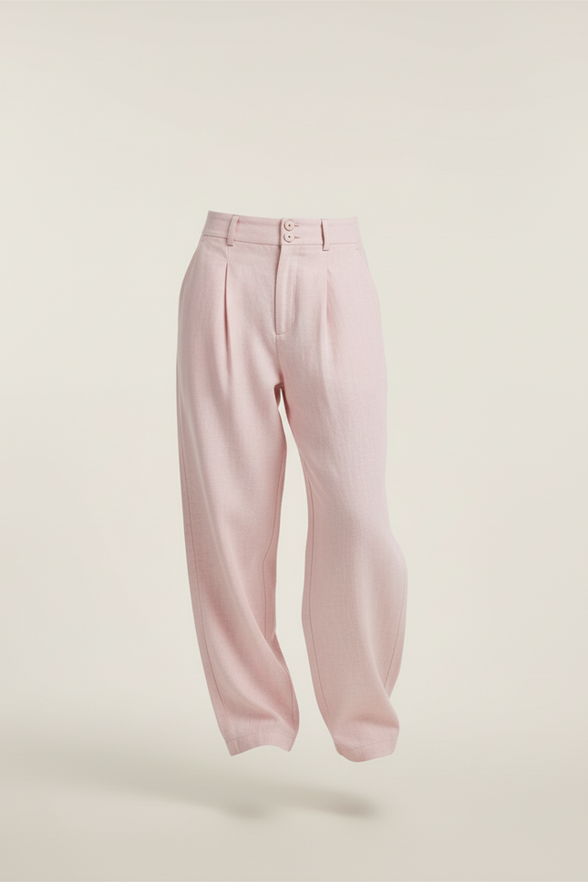 Pantalon Baggy Rose Pâle Lin Plissé Ample Décontracté - vue 3