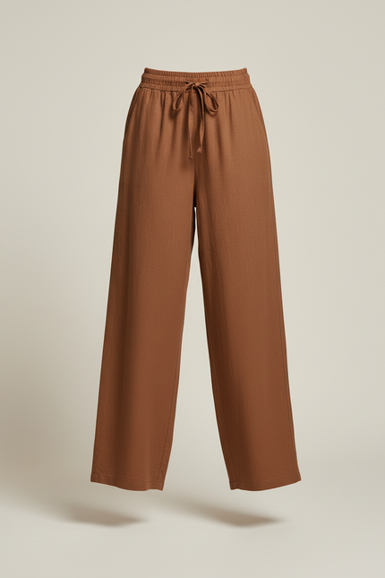 Pantalon Baggy Marron Lin Ample Fluide Cordon Décontracté - vue 3
