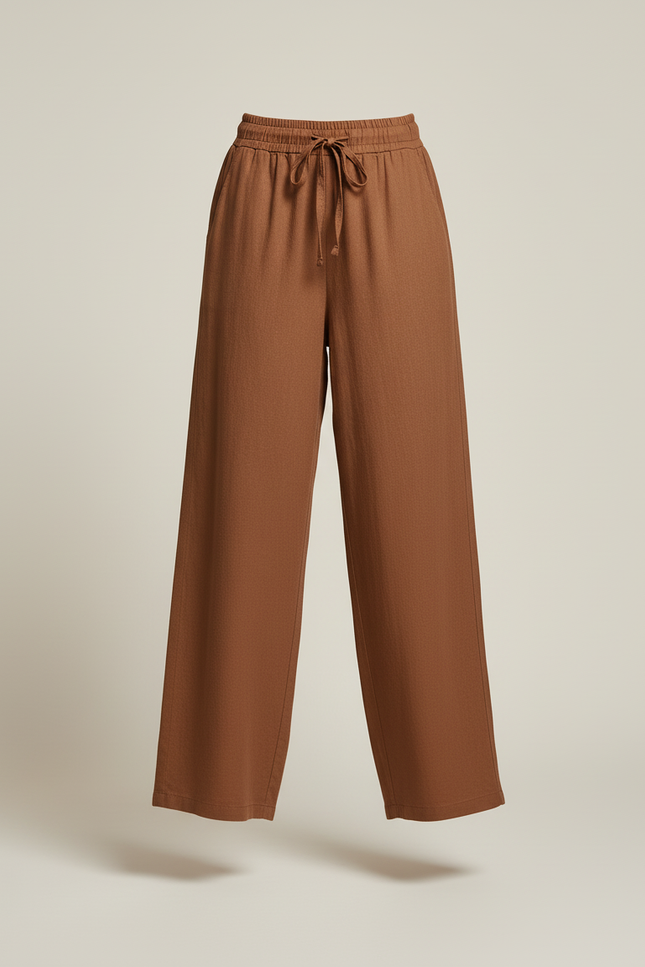 Pantalon Baggy Marron Lin Ample Fluide Cordon Décontracté - vue 3