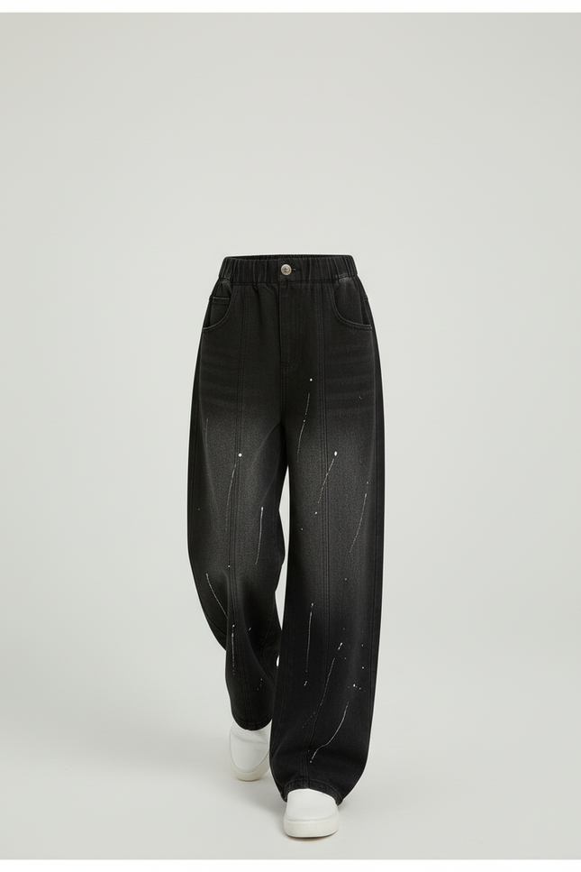 Pantalon Baggy Noir Ample Délavé Éclaboussures Hiver Fille - Jean - vue 3