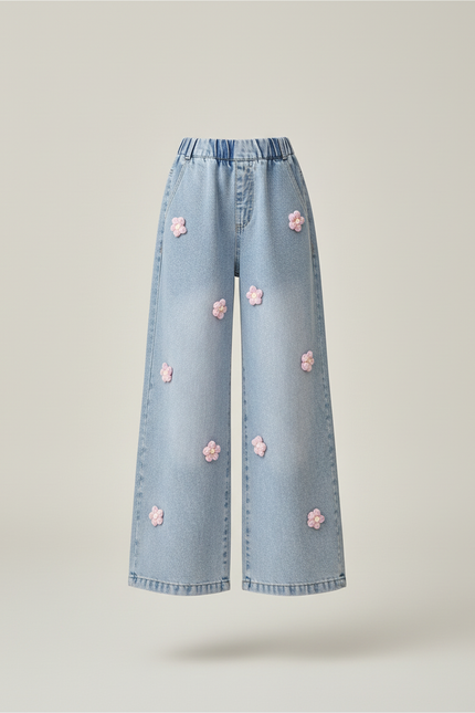 Pantalon Baggy Jean Bleu Fleurs Ample Fille - vue 3
