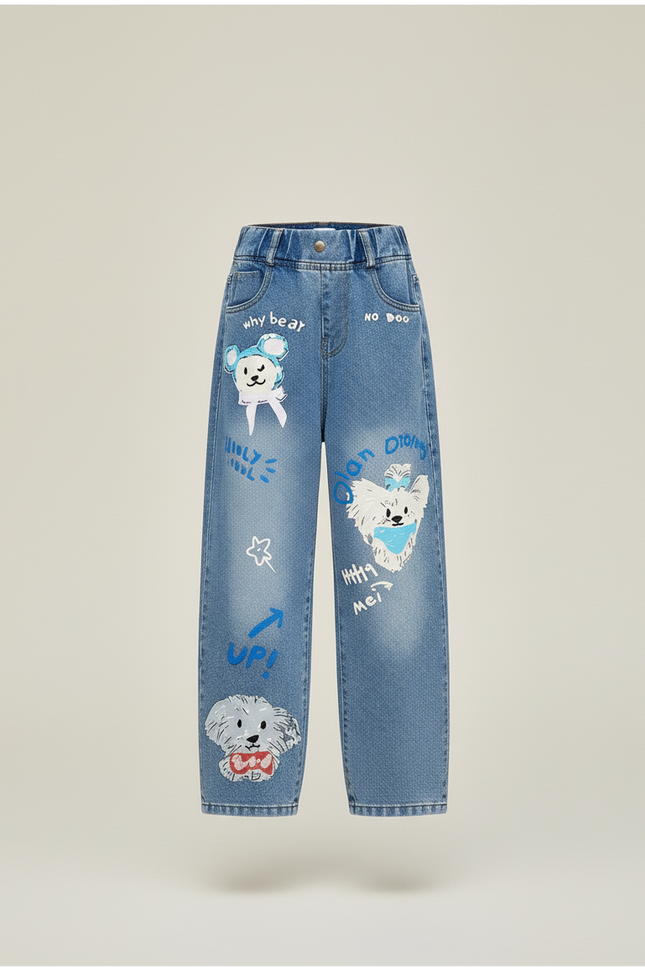 Pantalon Baggy Denim Bleu Ample Imprimé Chiens Mignons - Jean - vue 3