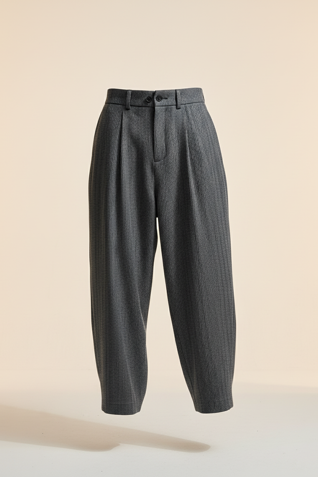 Pantalon Baggy Gris Rayé Ample Plissé Laine Homme - vue 3