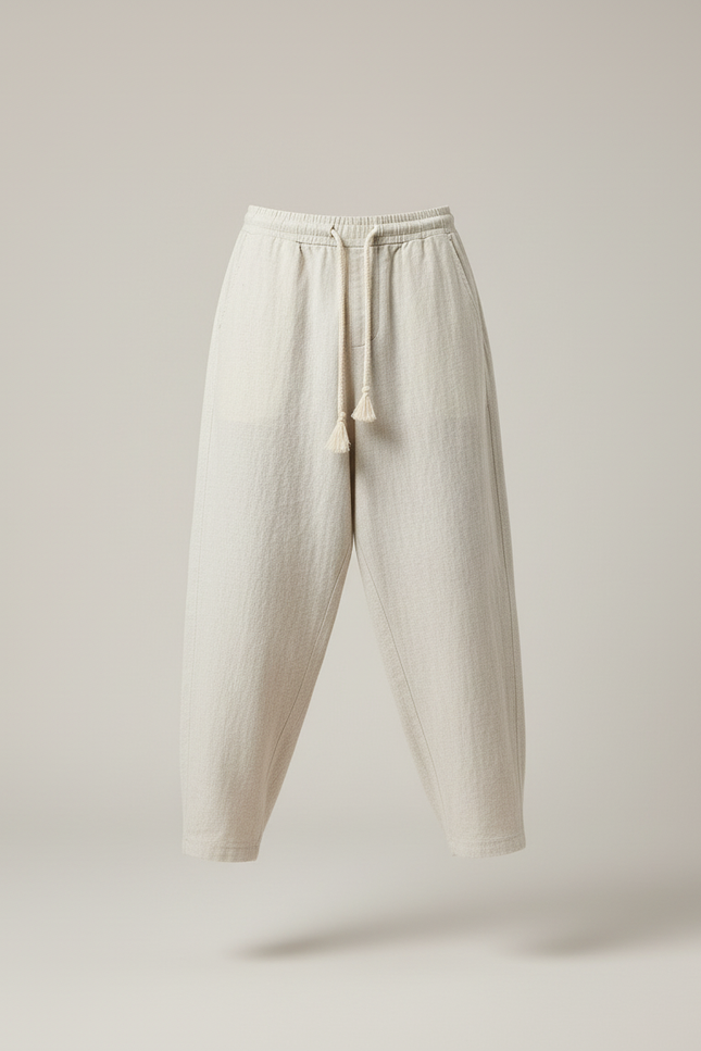 Pantalon Baggy Lin Ample Décontracté Beige Homme - vue 3