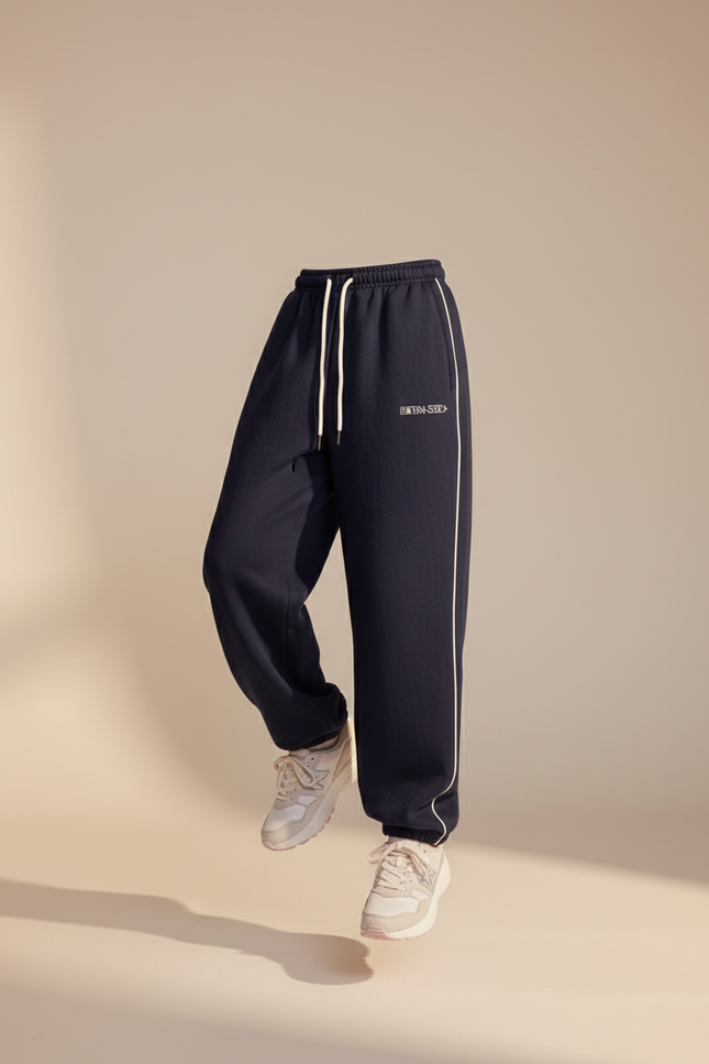 Pantalon Baggy Bleu Marine Ample Molleton Rayures Confortable - vue 3