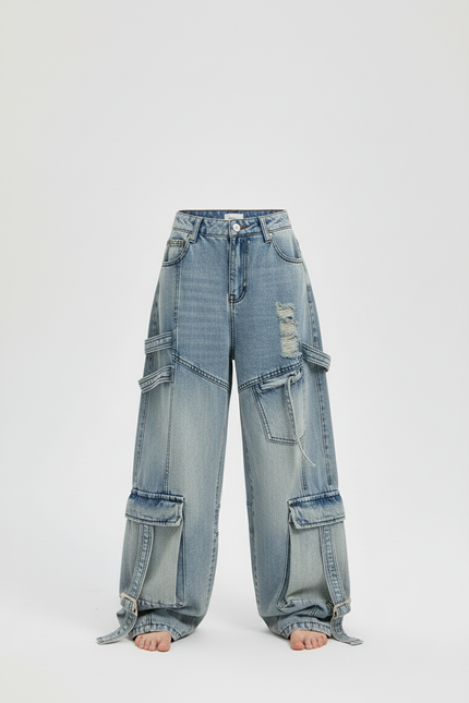 Pantalon Baggy Bleu Jean Cargo Ample Décontracté - vue 3