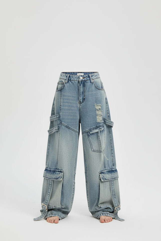 Pantalon Baggy Bleu Jean Cargo Ample Décontracté - vue 3