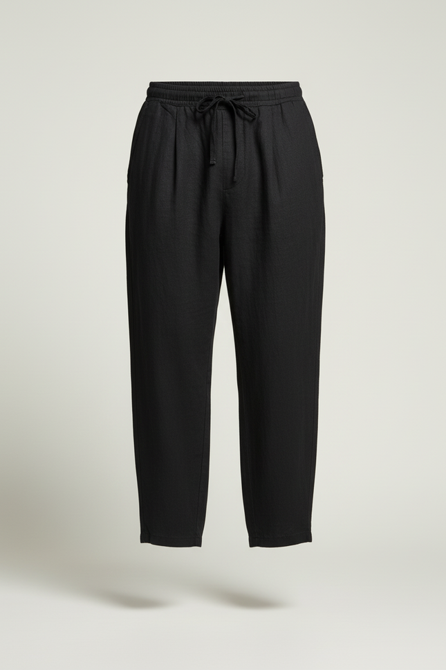 Pantalon Baggy Noir Lin Ample Cordon Décontracté - vue 3