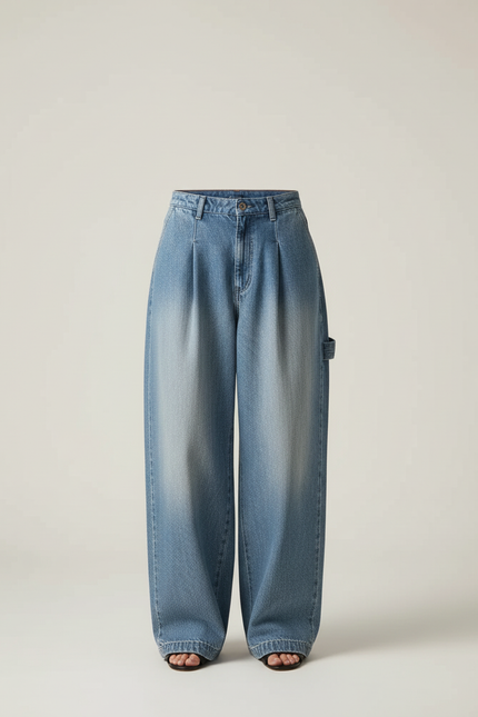 Pantalon Baggy Jean Bleu Délavé Ample Plissé - vue 3