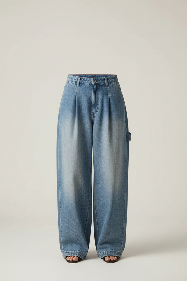Pantalon Baggy Jean Bleu Délavé Ample Plissé - vue 3