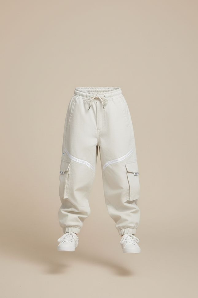 Pantalon Baggy Blanc Cassé Cargo Décontracté Fille - Beige Coton - vue 3